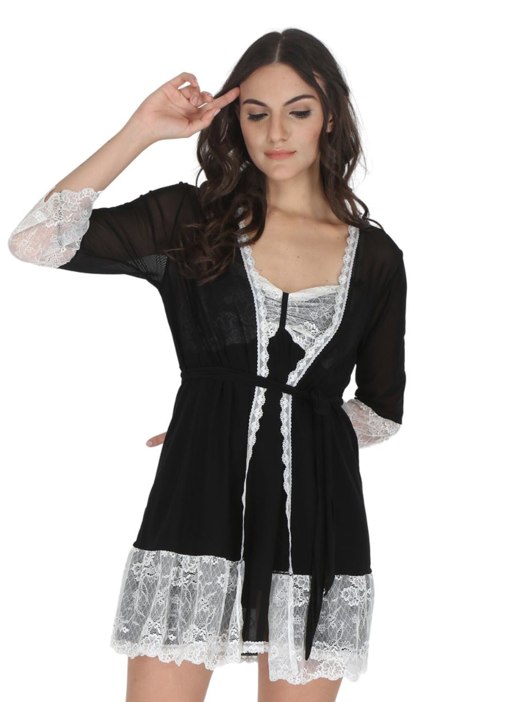 

EZLOOT Self Design Baby Doll With Robe, Black