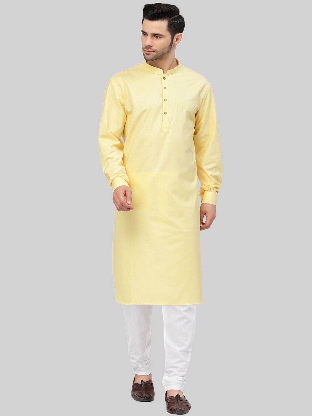 

MOHANLAL SONS Mandarin Collar Pure Cotton Straight Kurta With Churidar, Yellow