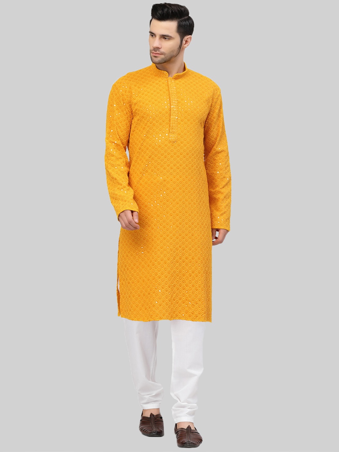 

MOHANLAL SONS Ethnic Motifs Embroidered Mandarin Collar Sequinned Kurta With Churidar, Yellow