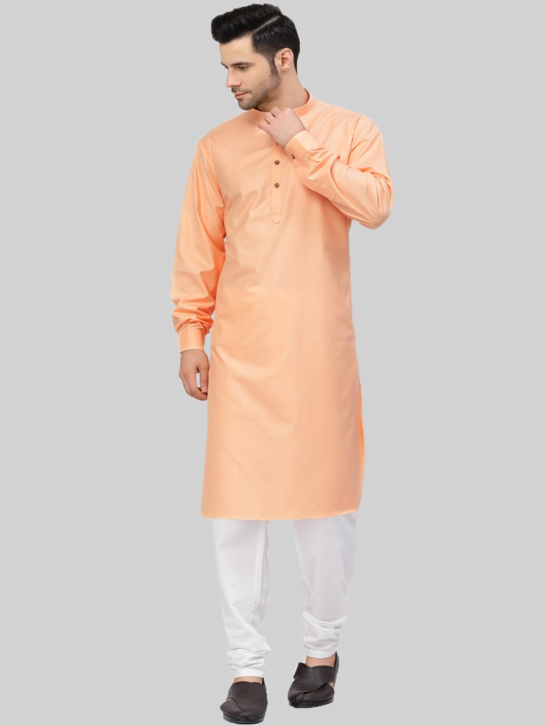 

MOHANLAL SONS Mandarin Collar Pure Cotton Straight Kurta With Churidar, Peach