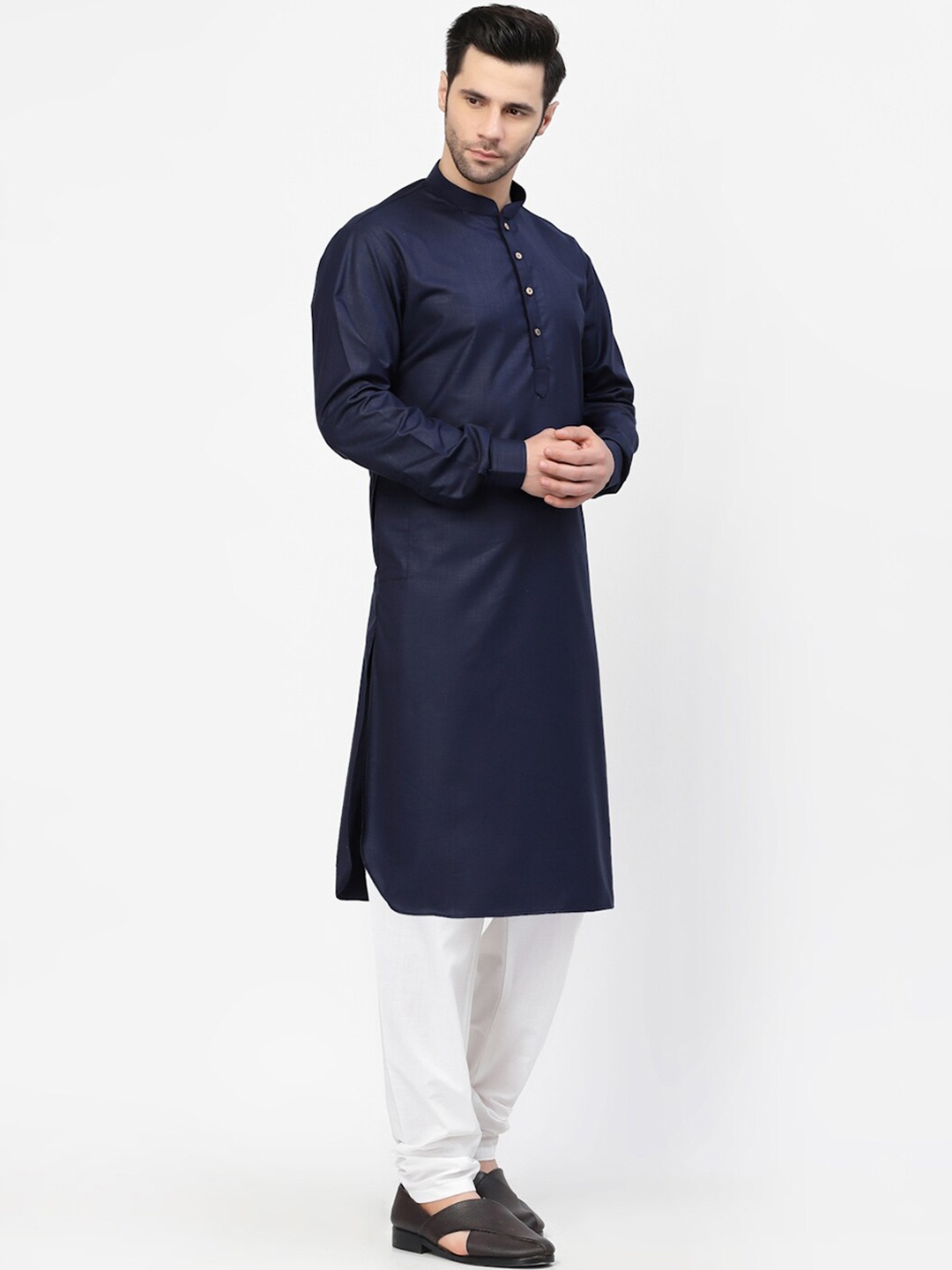 

MOHANLAL SONS Mandarin Collar Pure Cotton Kurta With Churidar, Navy blue