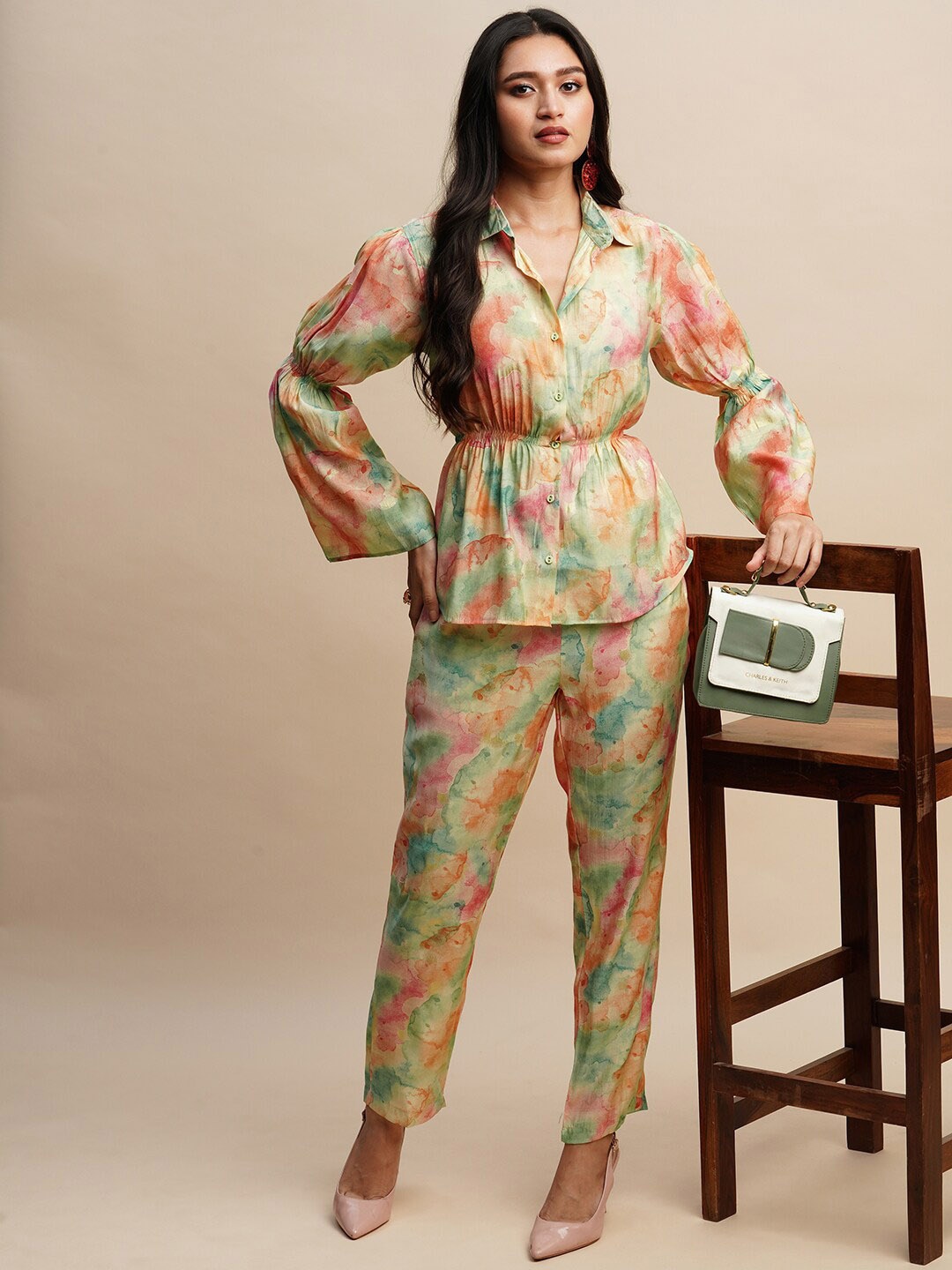 

all about you Green & Orange Tie-dye Printed Top & Trousers
