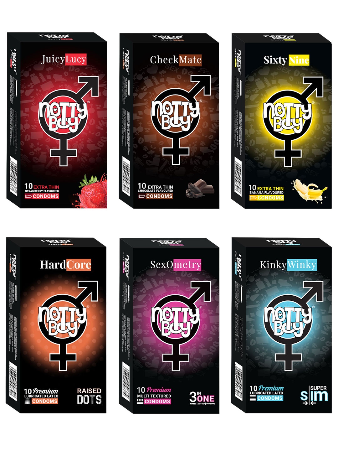 

Notty Boy Set Of 6 - Strawberry and Banana Flavour Condoms 10 Pcs Each, Black