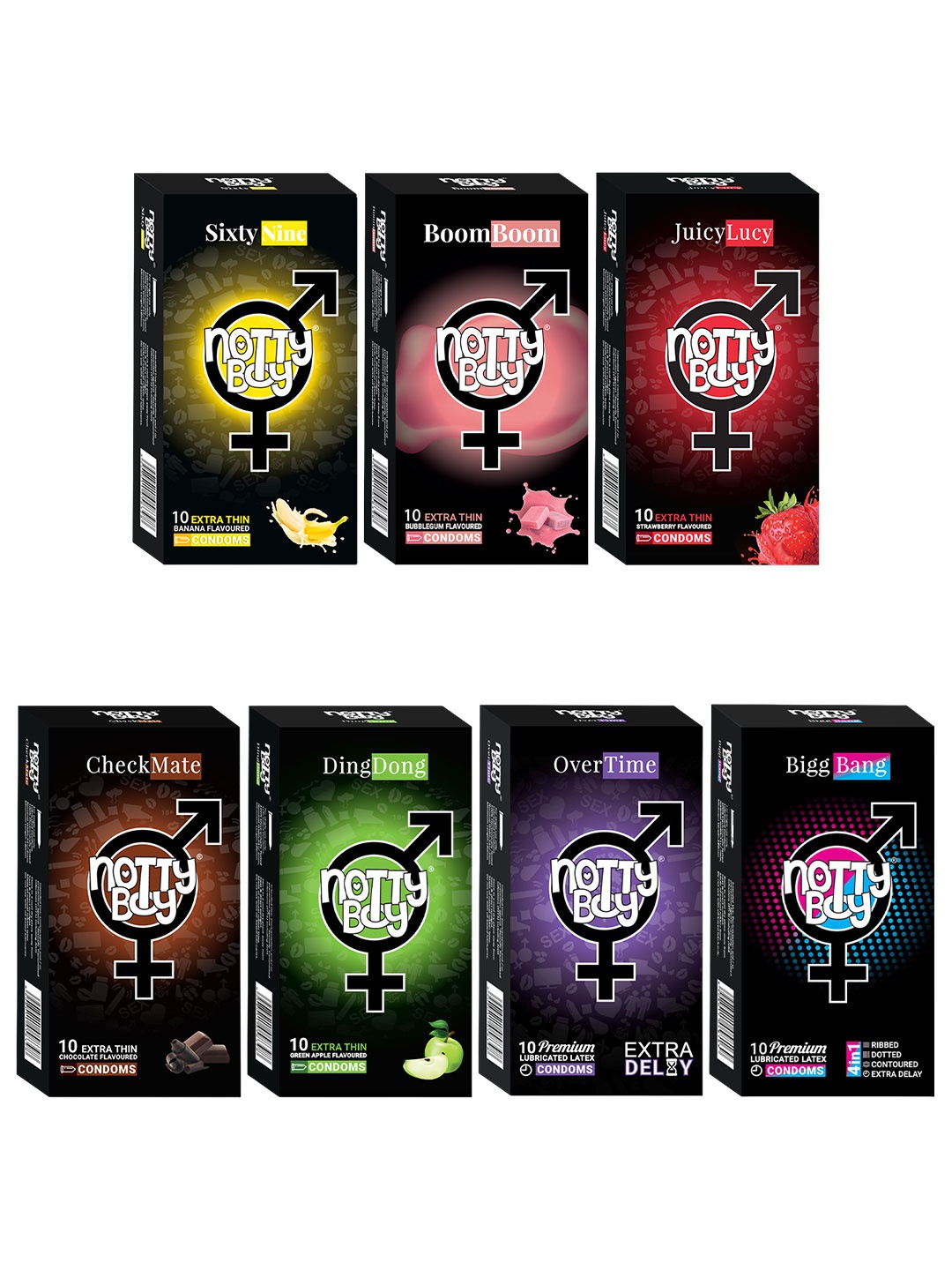 

noTTy Boy Set of 7 Flavored Premium Condoms - 10 pcs each, Black