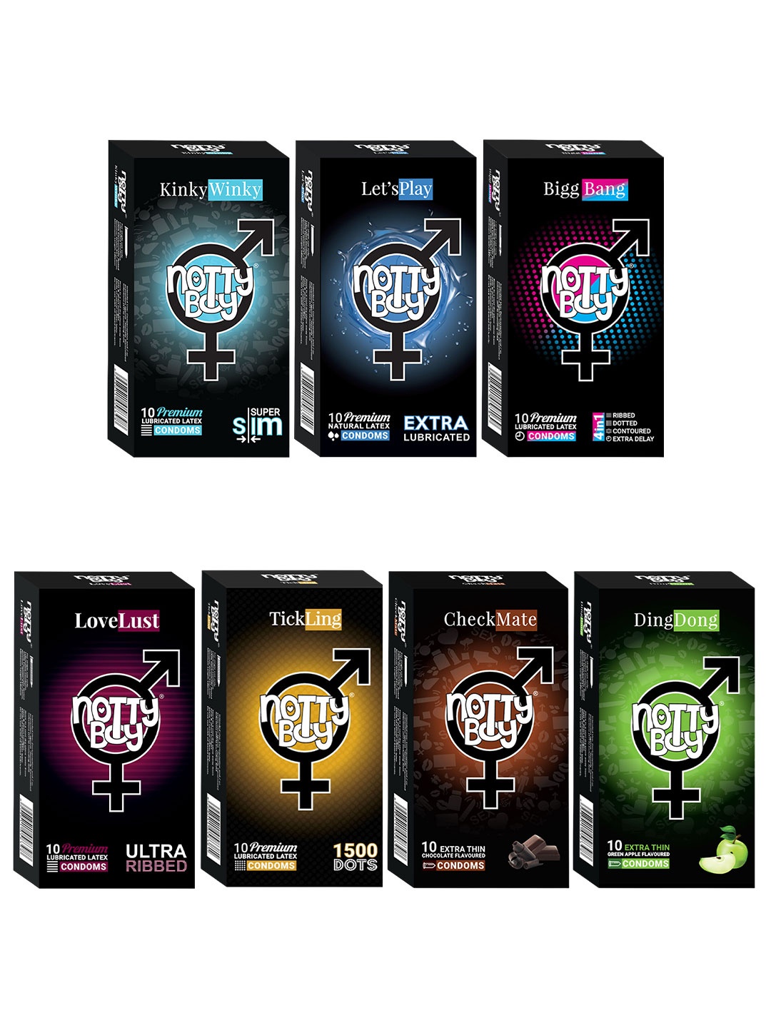 

Notty Boy Set Of 7 - Chocolate & Green Apple Flavour Condoms 10 Pcs Each, White