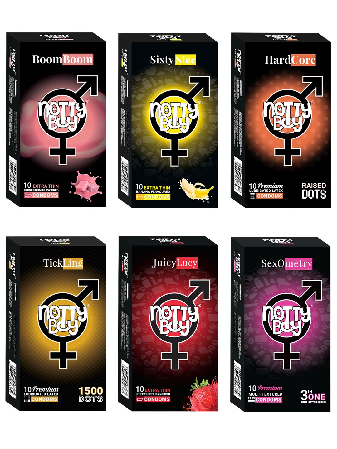 

noTTy Boy Set of 6 Flavored Premium Condoms - 10 pcs each, Black