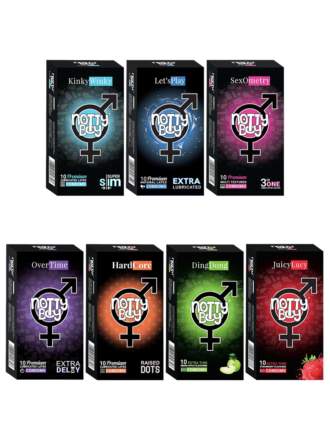 

noTTy Boy Set Of 7 - Green Apple And Strawberry Flavour Condoms 10 Pcs Each, Black