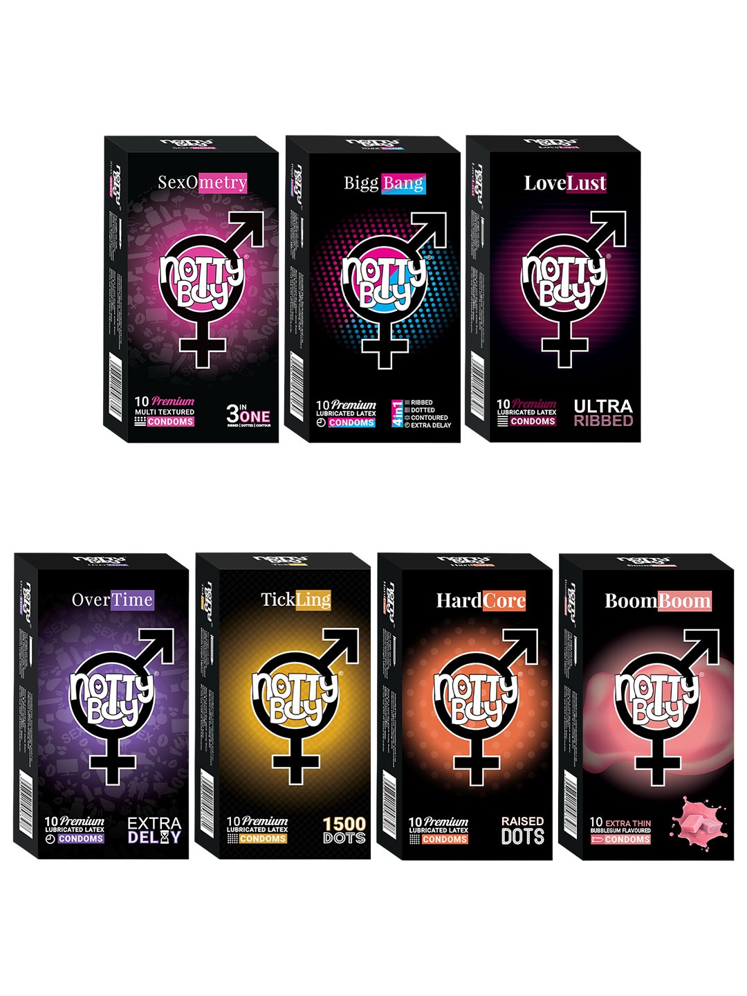 

noTTy Boy Set of 7 Flavored Premium Condoms - 10 pcs each, Black