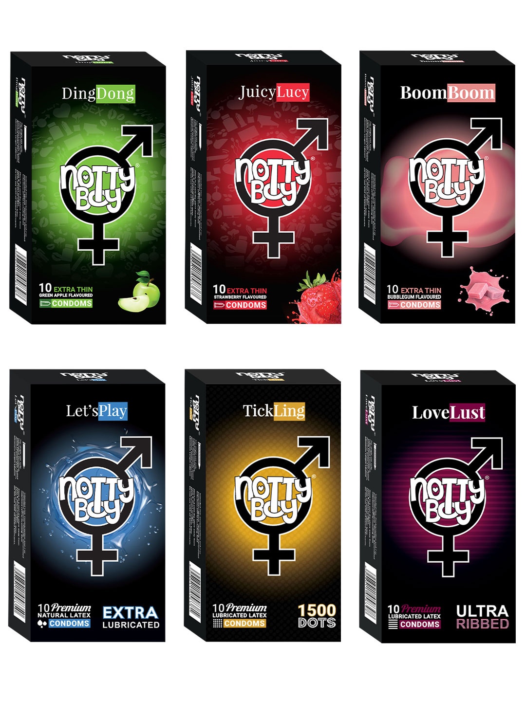 

noTTy Boy Set Of 6 Dotted & Flavored Condoms - 10Pcs Each, Red