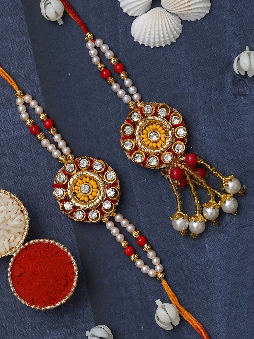 

eCraftIndia Set Of 2 Designer Bhaiya Bhabhi Rakhi Gift Set With Roli Chawal, Beige