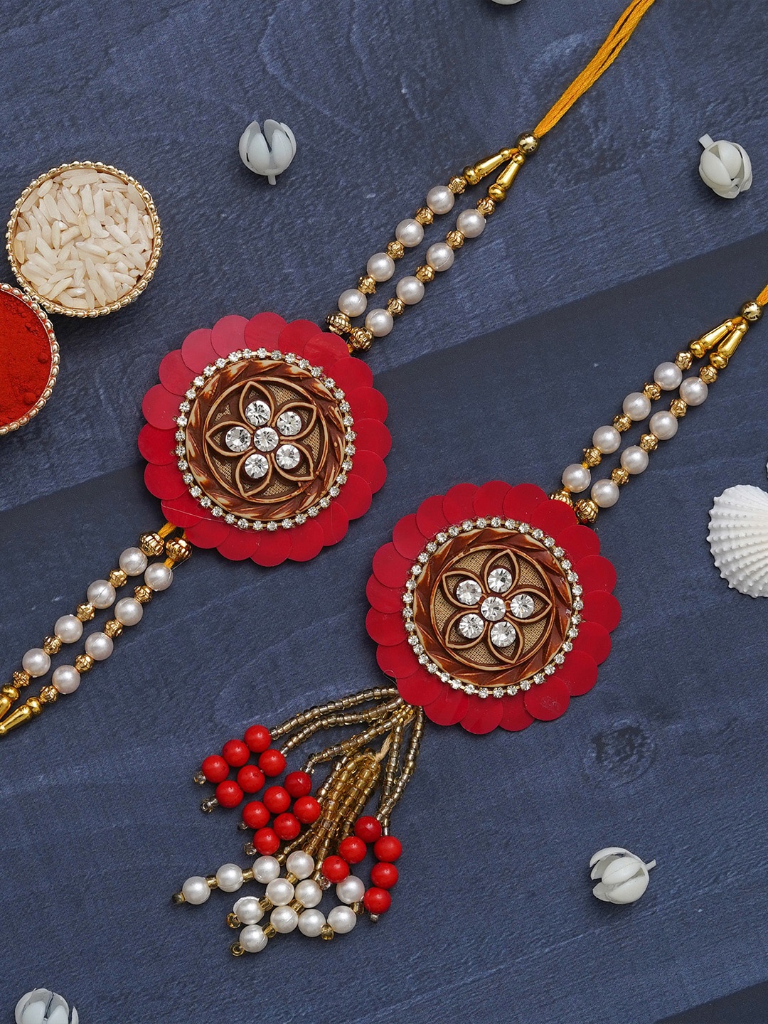 

eCraftIndia Set Of 2 Pearls Beaded Designer Bhaiya Bhabhi Rakhi Set With Roli Chawal Pack, Red