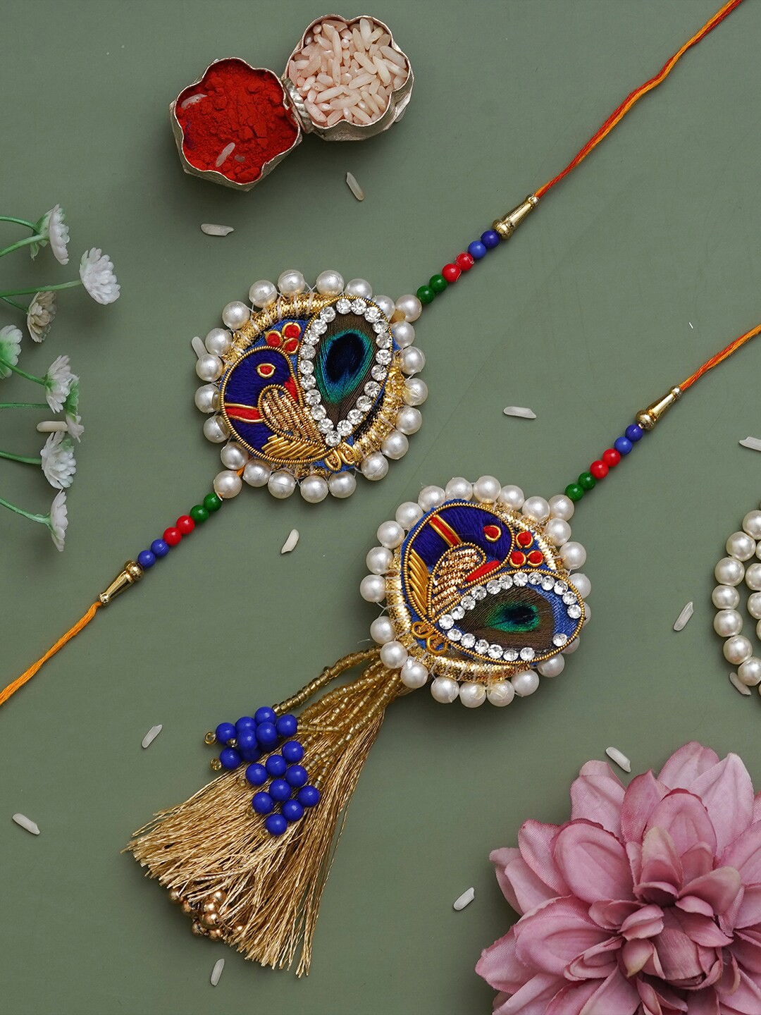 

eCraftIndia Beautiful Peacock and Pearls Designer Bhaiya Bhabhi Rakhi Set, Multi