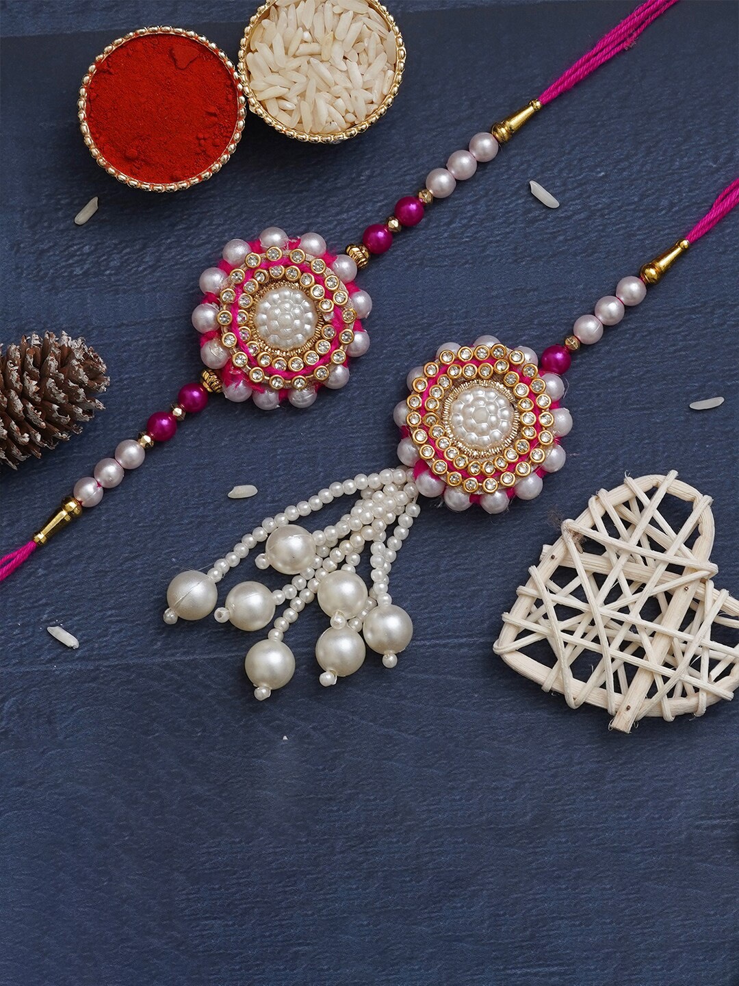 

eCraftIndia Unisex Set Of 2 Stone Studded Bhaiya Bhabhi Rakhi Set, White