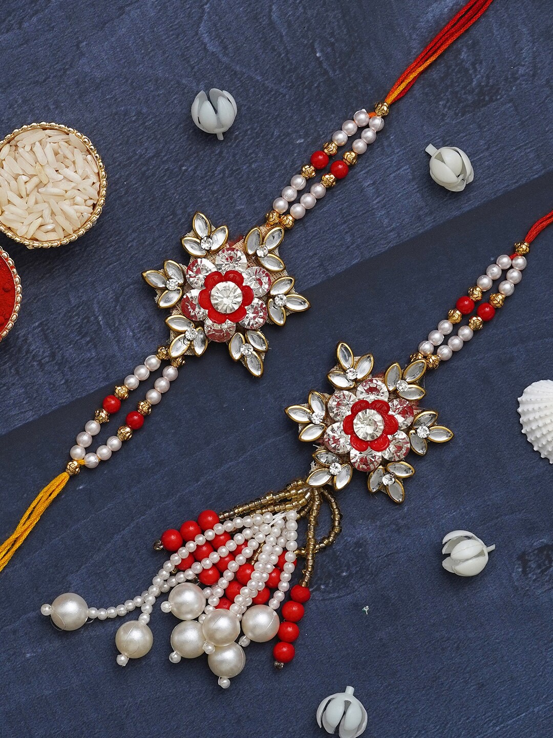 

eCraftIndia Unisex Set Of 2 Stone Studded Floral Bhaiya Bhabhi Rakhi Set, White