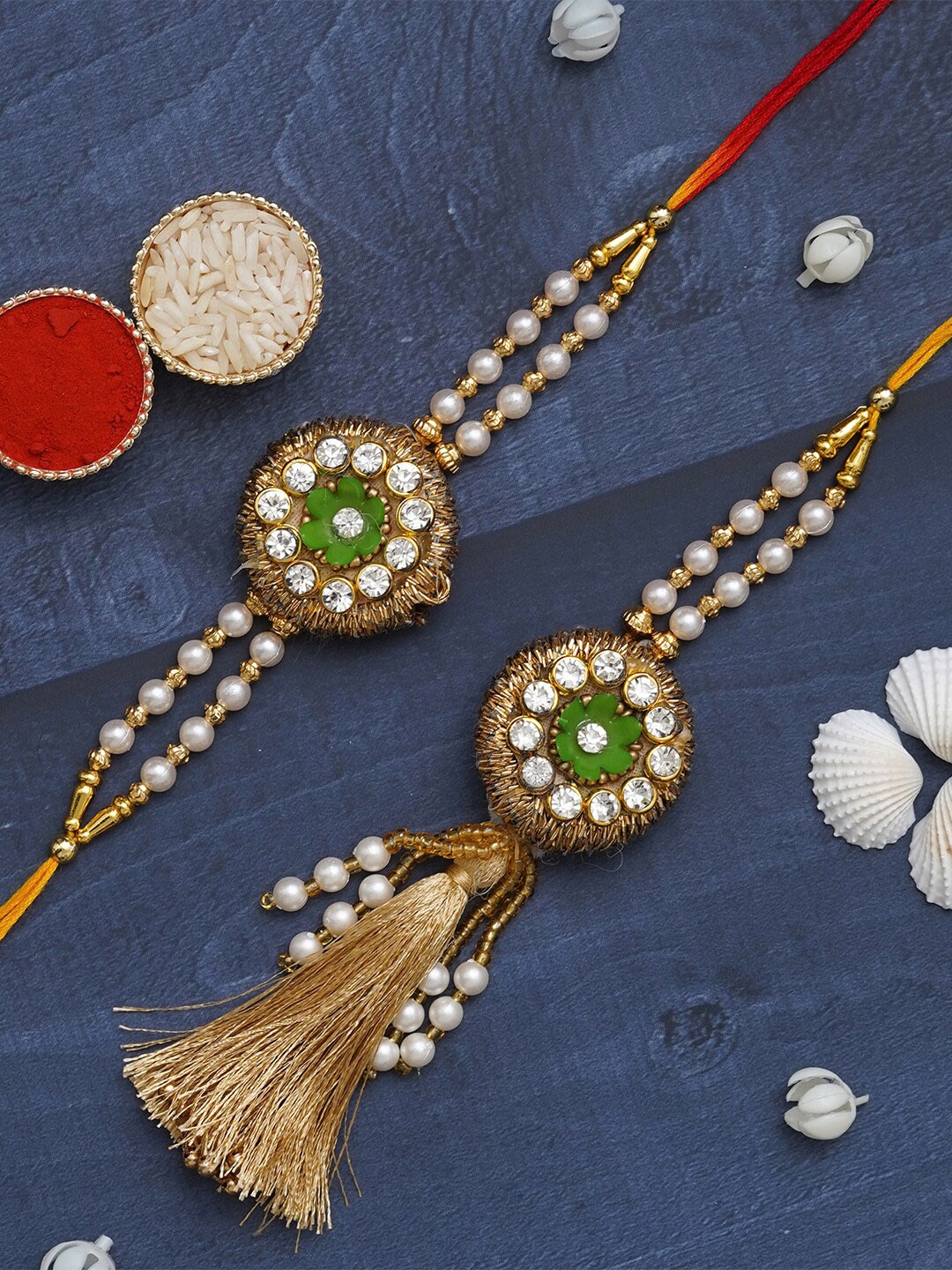 

eCraftIndia Unisex Set Of 2 Stone Studded Floral Bhaiya Bhabhi Rakhi Set, Gold
