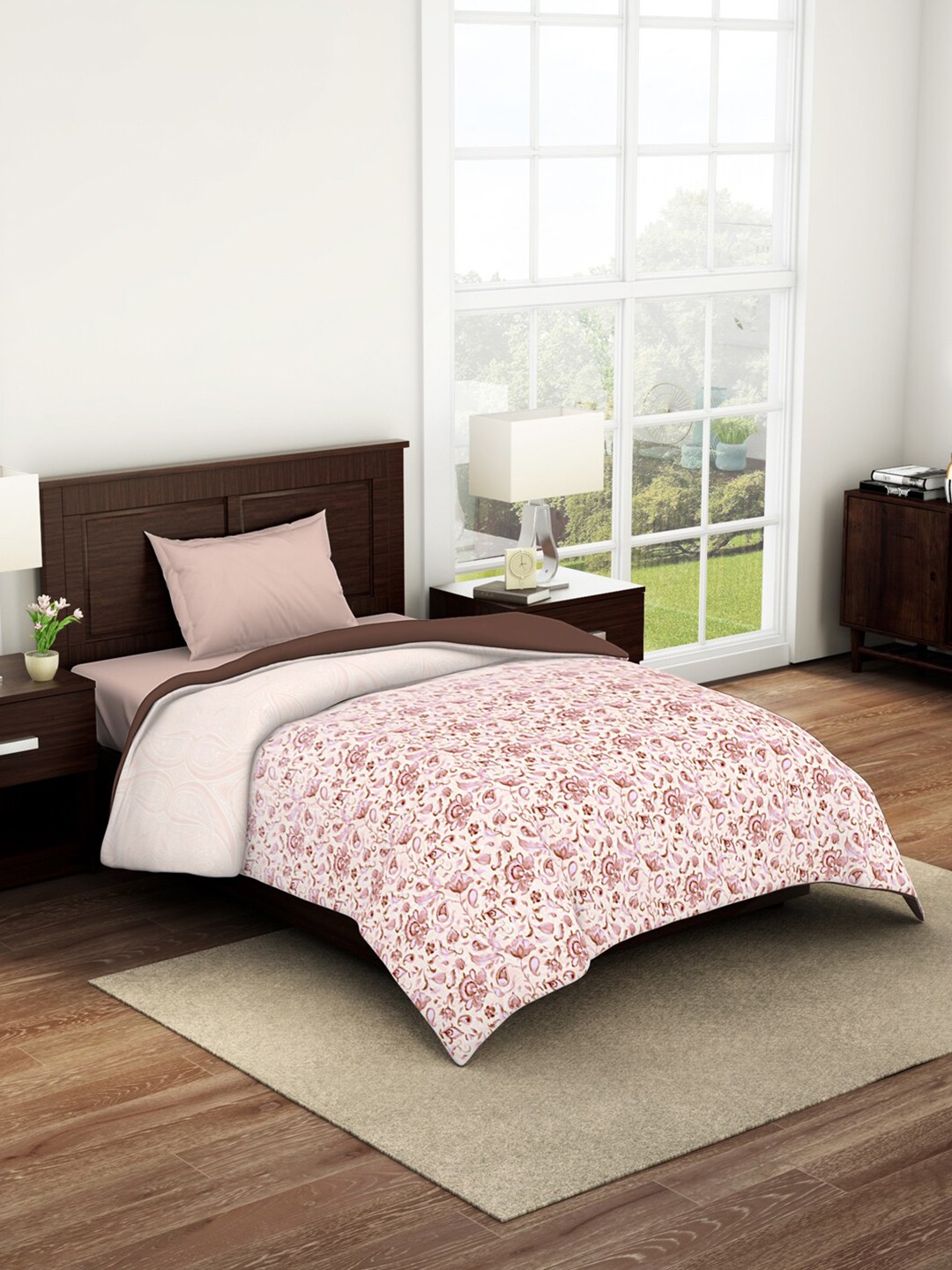 

SPACES Bonica Cream-Coloured & Brown Floral Pure Cotton AC Room 150 GSM Single Bed Quilt