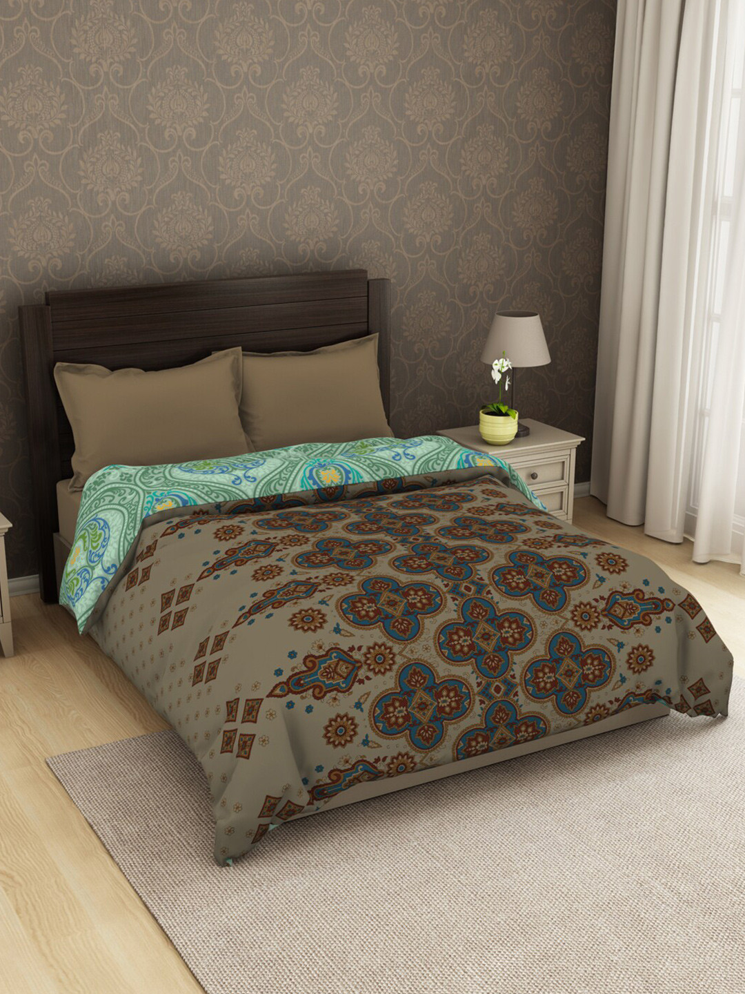 

SPACES Green & Brown Floral Cotton AC Room 210 GSM Double Bed Quilt