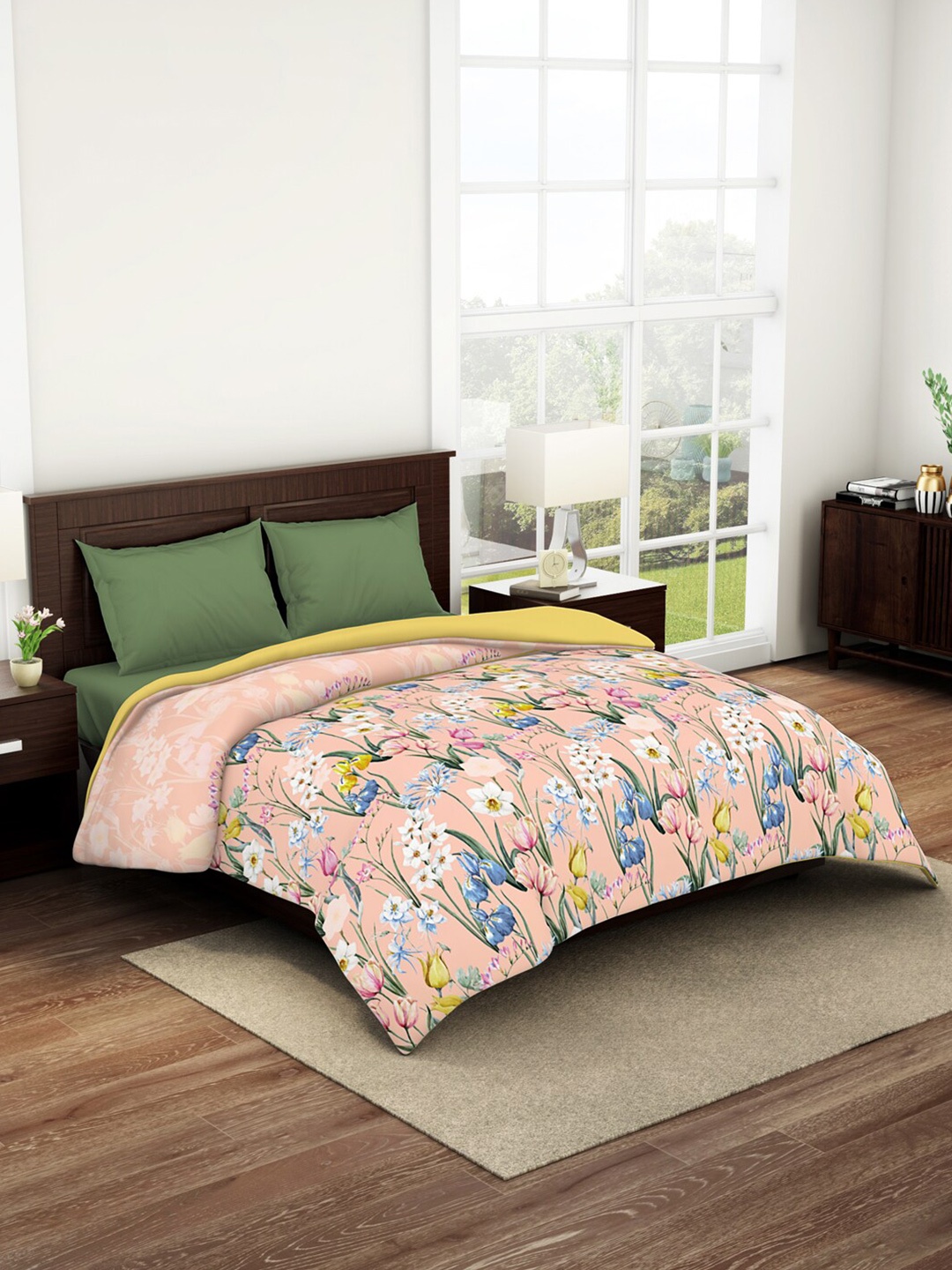 

SPACES Geostance Pink & White Floral AC Room Pure Cotton 150 GSM Double Bed Quilt