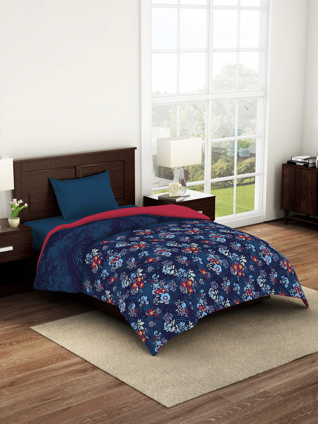 

SPACES Blue & Red Floral Cotton AC Room 150 GSM Single Bed Quilt