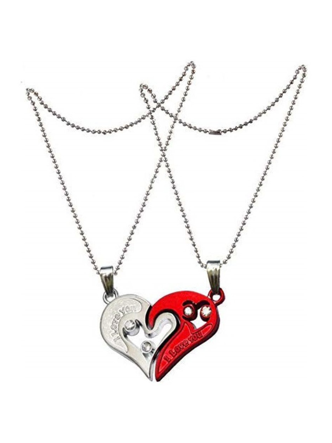 

MEENAZ Set Of 2 Silver-Plated Heart Pendant With Chain, Red