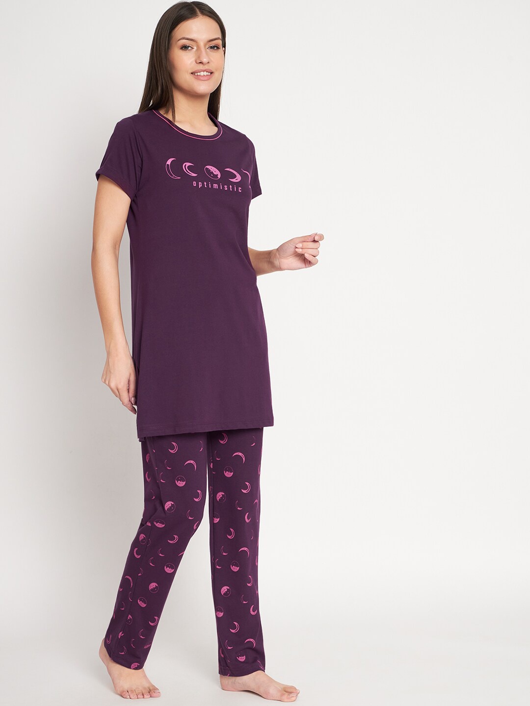 

Bell Paper Conversational Printed Cotton Longline T-Shirt With Pyjamas, Purple