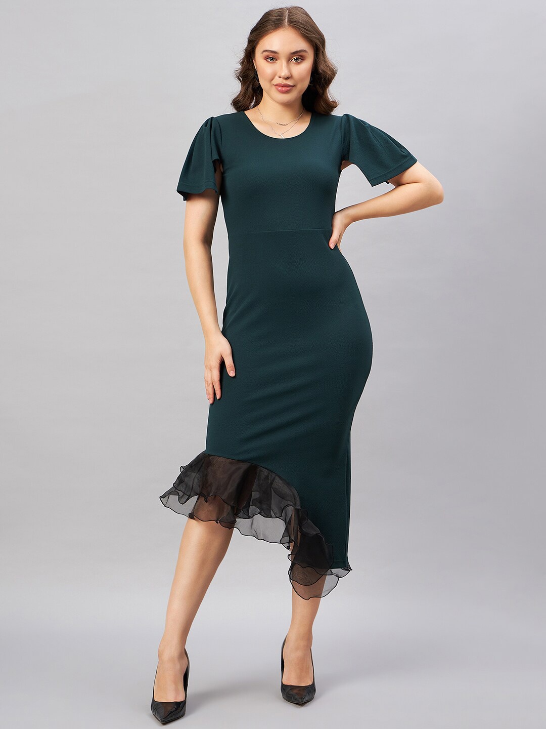 

Antheaa Green Flared Sleeve Ruffled Bodycon Midi Dress