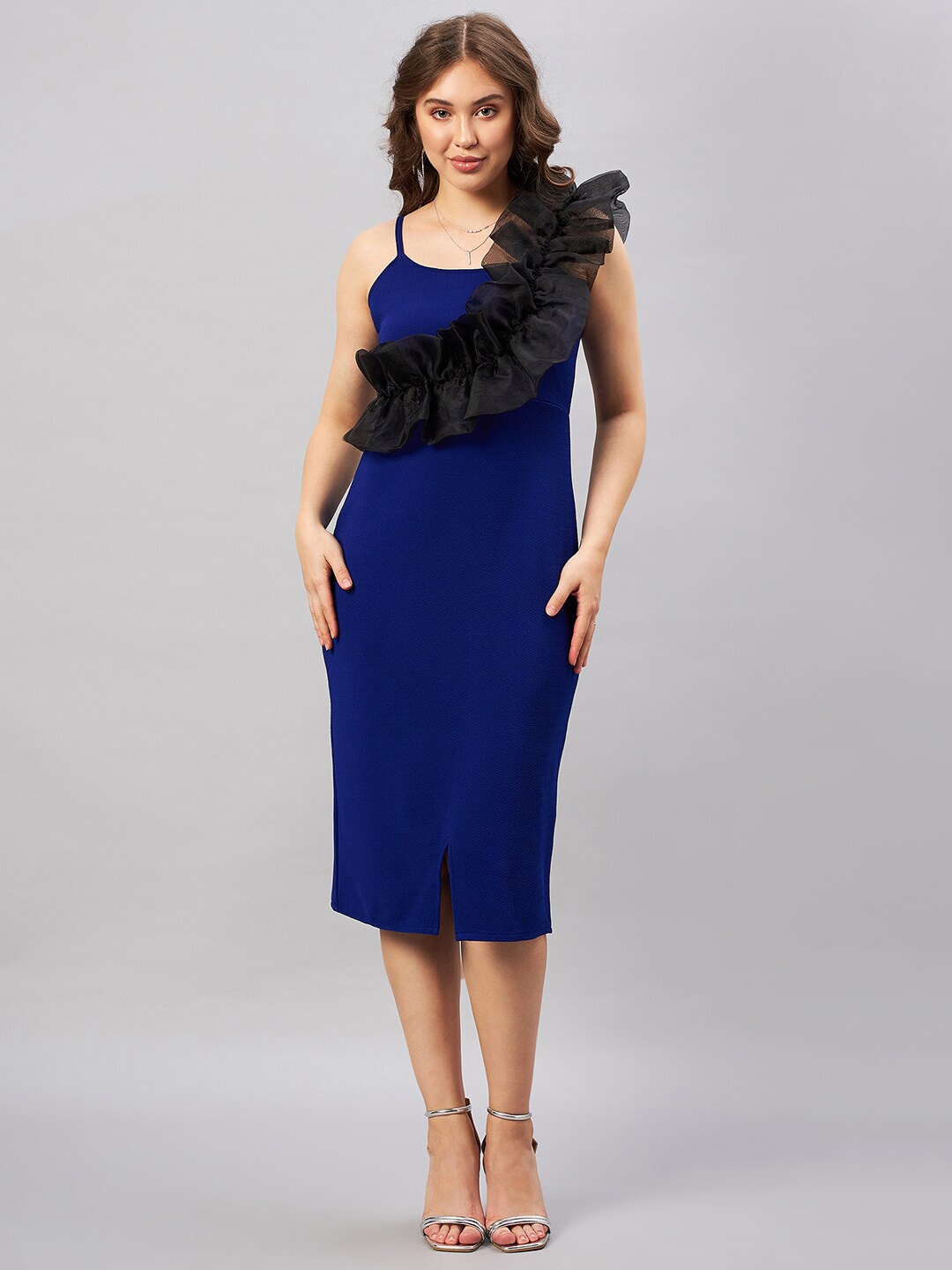 

Antheaa Blue & Black Shoulder Strap Sleeveless Ruffled Sheath Midi Dress