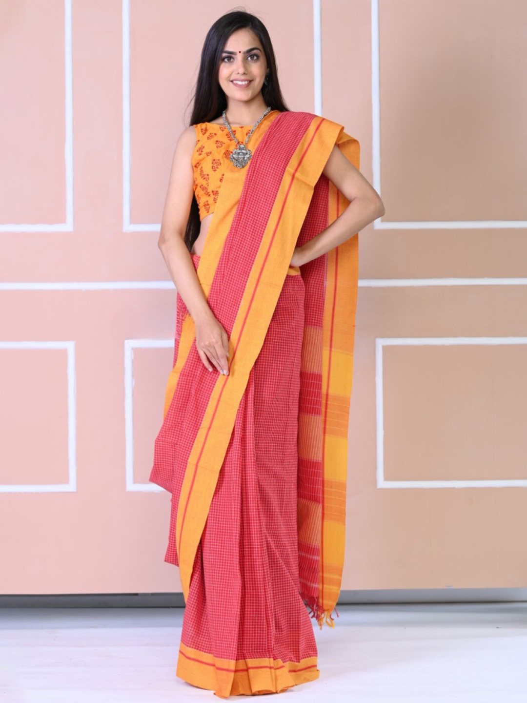 

Very Much Indian Orange & Yellow Checked Pure Cotton Saree