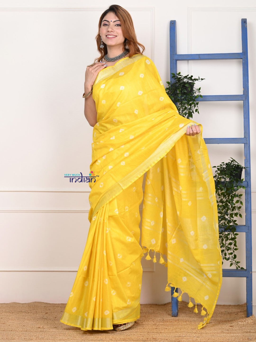 

Very Much Indian Bandhani Printed Zari Pure Cotton Saree, Yellow