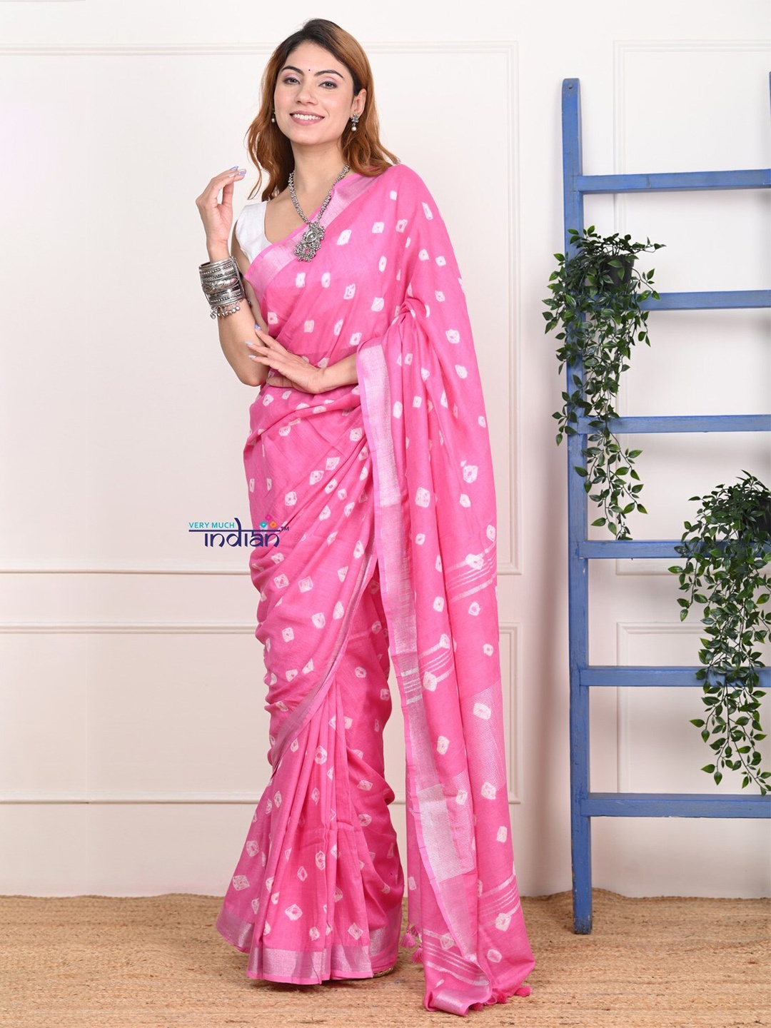 

Very Much Indian Bandhani Dyed Zari Pure Cotton Saree, Pink