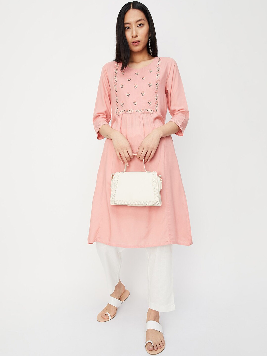 

max Floral Embroidered Thread Work A-Line Kurta, Pink
