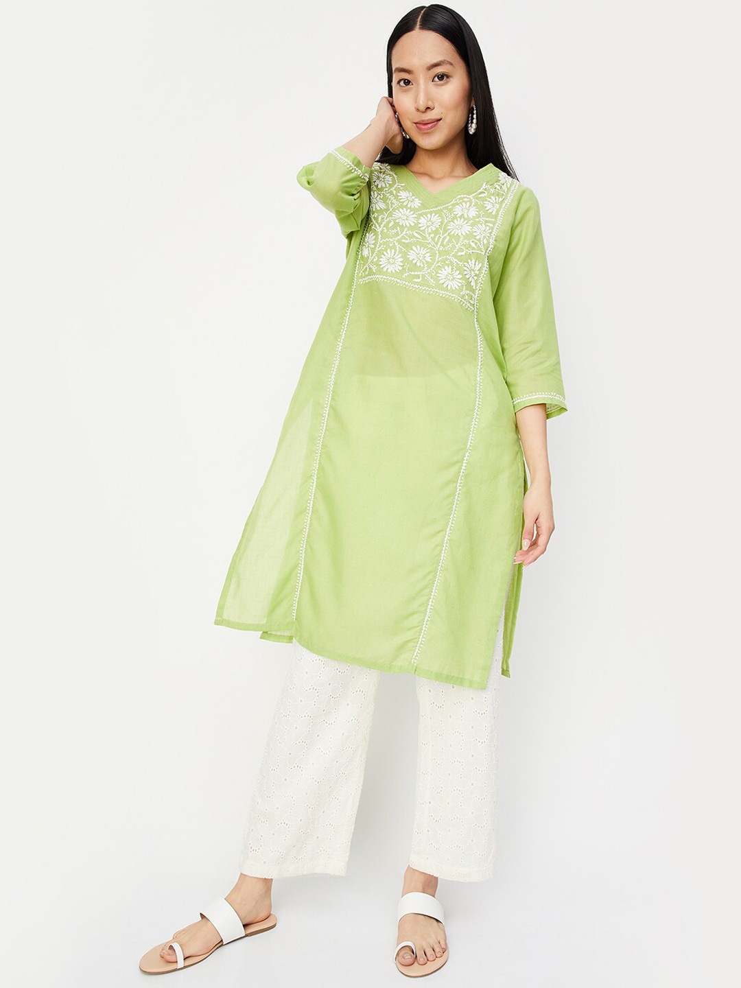 

max Floral Embroidered Straight Kurta, Green