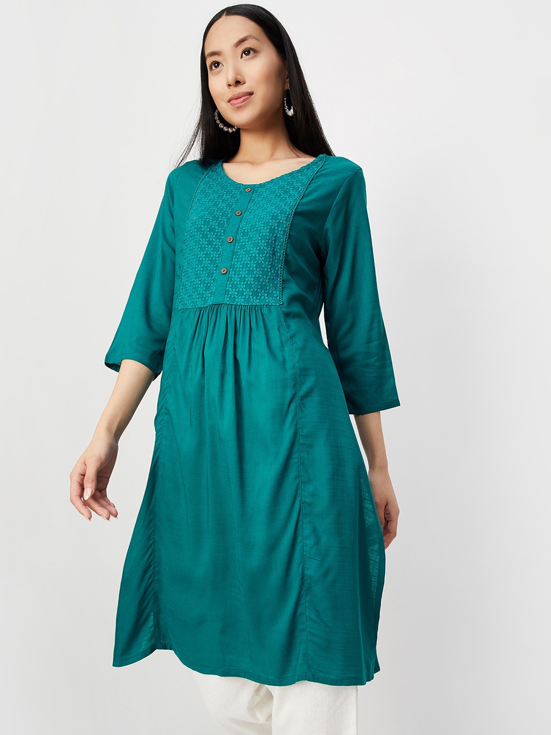 

max Floral Embroidered A-Line Kurta, Blue