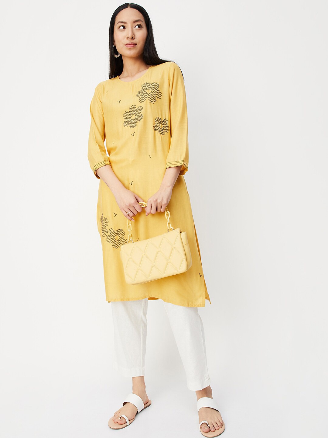 

max Floral Embroidered Thread Work Straight Kurta, Yellow