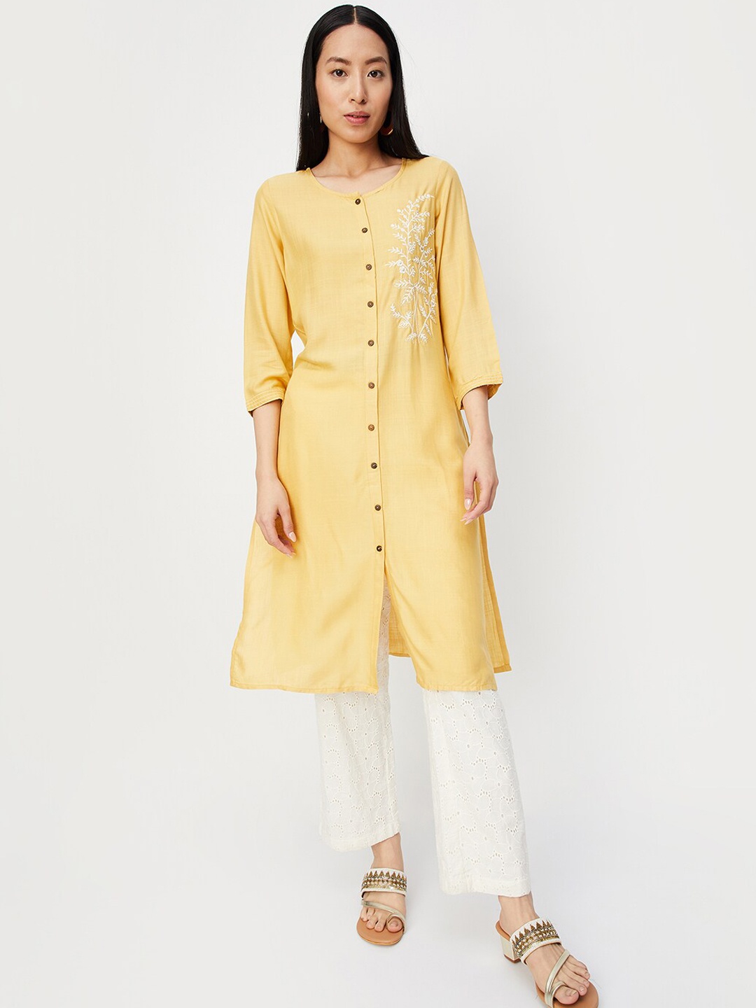 

max Floral Embroidered Straight Kurta, Yellow
