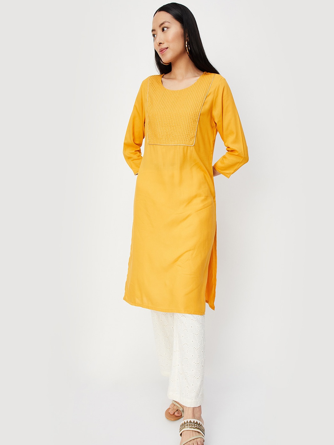 

max Yoke Design Thread Work Straight Kurta, Yellow