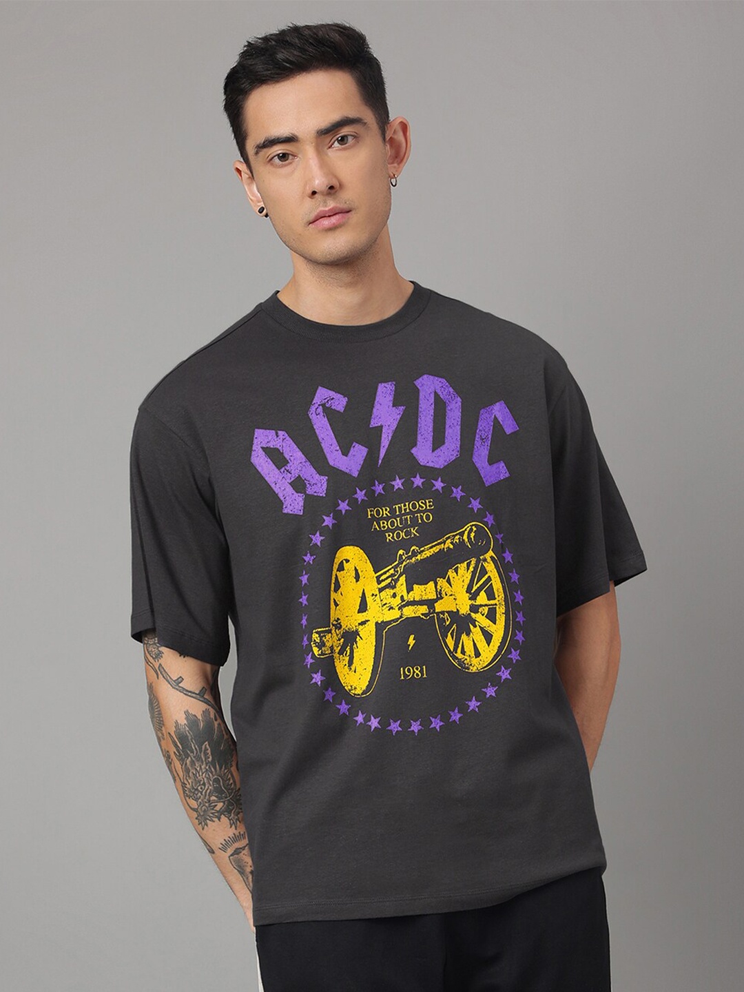 Free Authority ACDC Printed Round Neck Loose Fit T-shirt, Grey