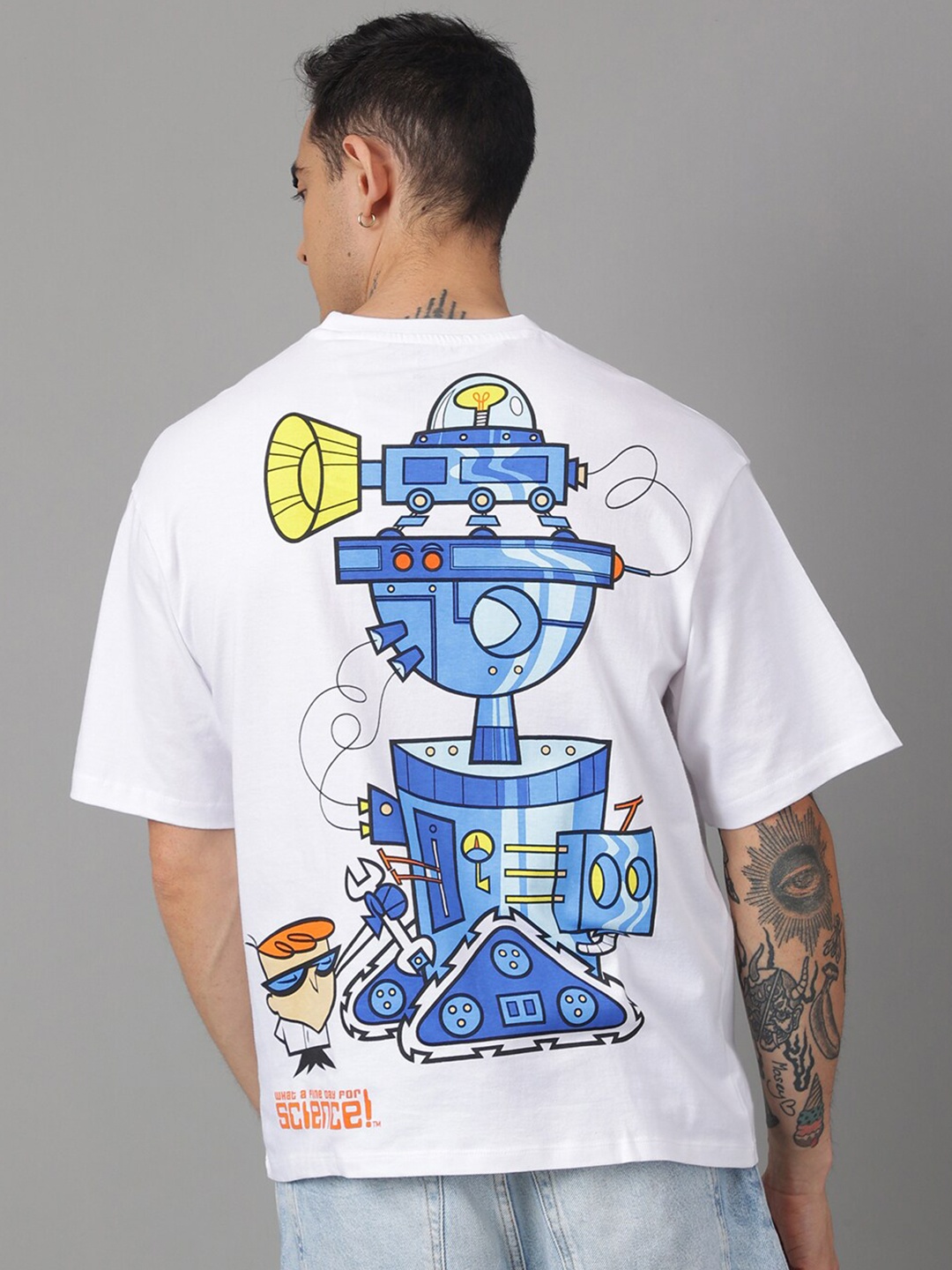 Free Authority Dexter'S Laboratory Front and Back Printed Round Neck Loose Fit T-shirt, White