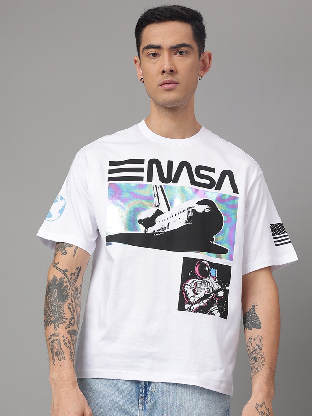 

Free Authority Oversized Nasa Printed Round Neck T-shirt, White
