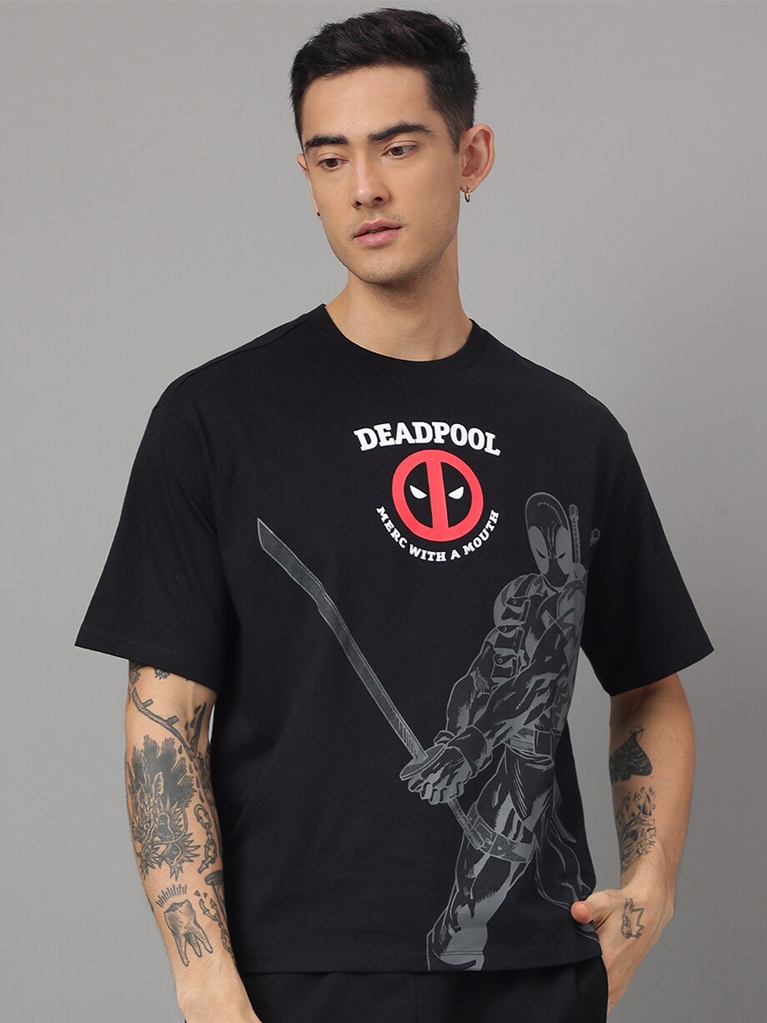 

Free Authority Oversized Deadpool Printed Round Neck T-shirt, Black