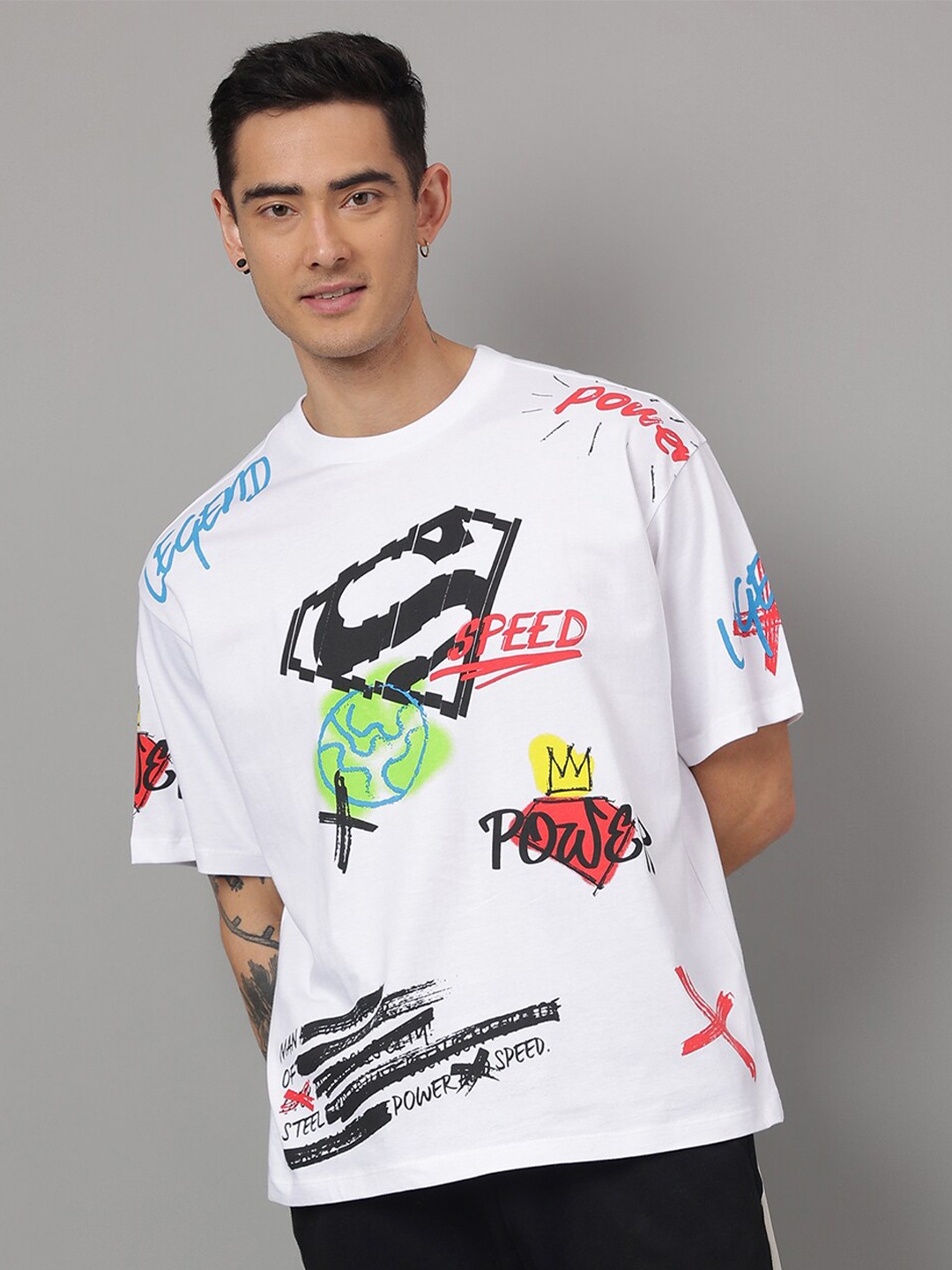 Free Authority Superman Printed Round Neck Loose Fit T-shirt, White