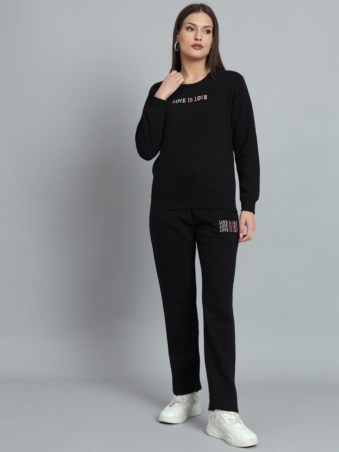 

ANTI CULTURE Typography Printed Fleece Tracksuits, Black