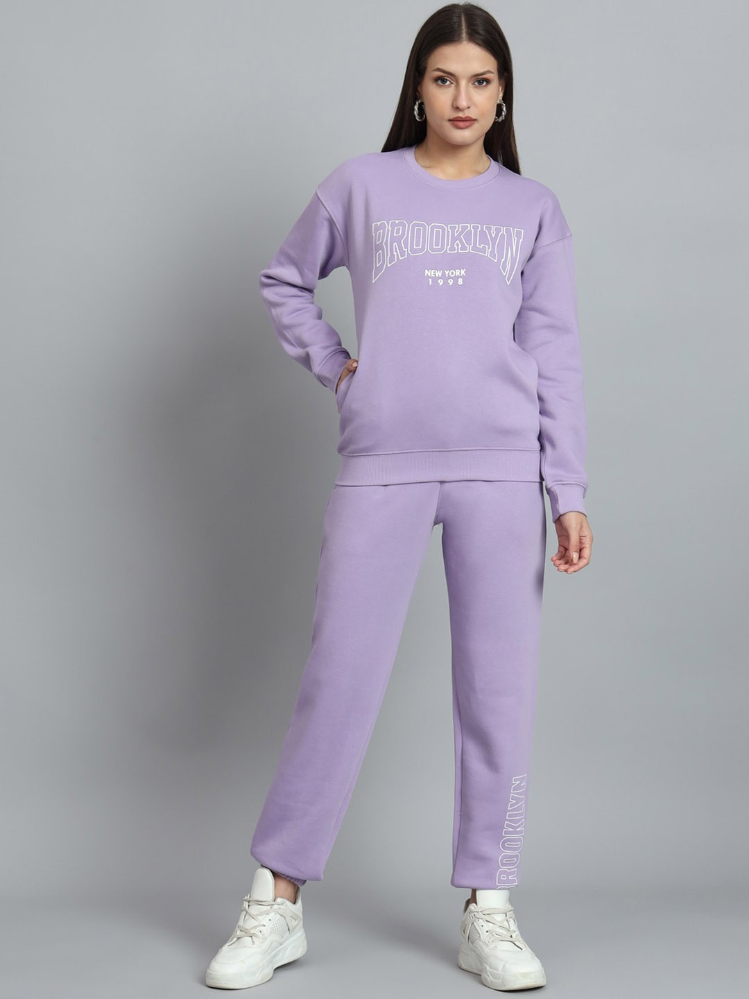 

ANTI CULTURE Typography Printed Fleece Tracksuits, Lavender
