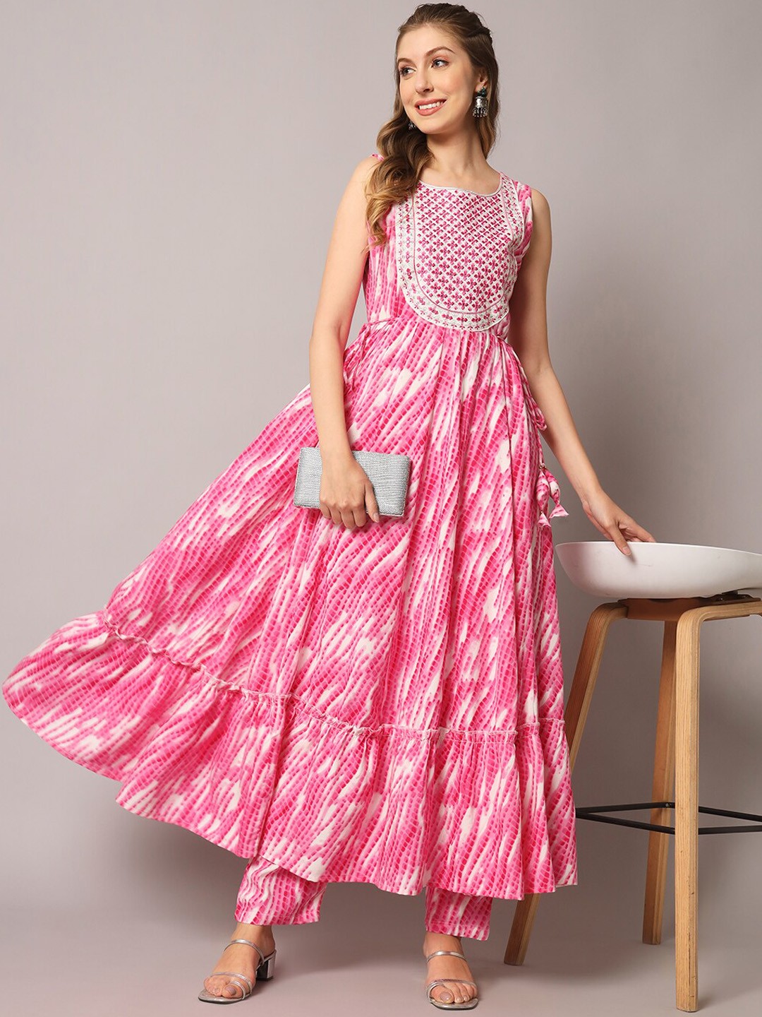 

KALINI Abstract Printed Sleeveless Thread Work Anarkali Kurta With Trousers, Pink