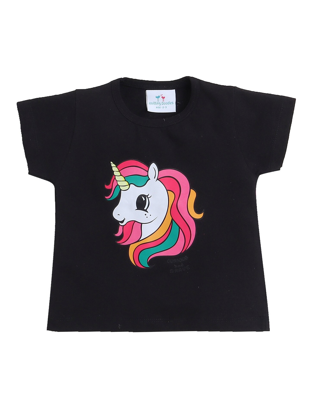 

Knitting Doodles Girls Unicorn Printed Round Neck Regular Fit Cotton T-Shirt, Black