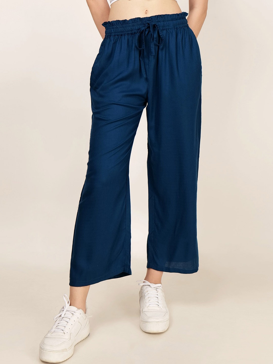 

PATRORNA Women Smart Mid-Rise Plain Casual Parallel Trousers, Blue