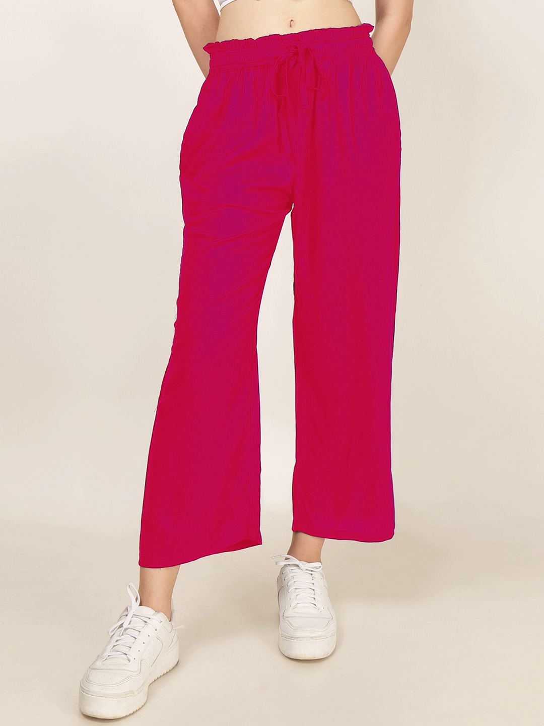 

PATRORNA Women Smart Mid-Rise Plain Casual Parallel Trousers, Pink