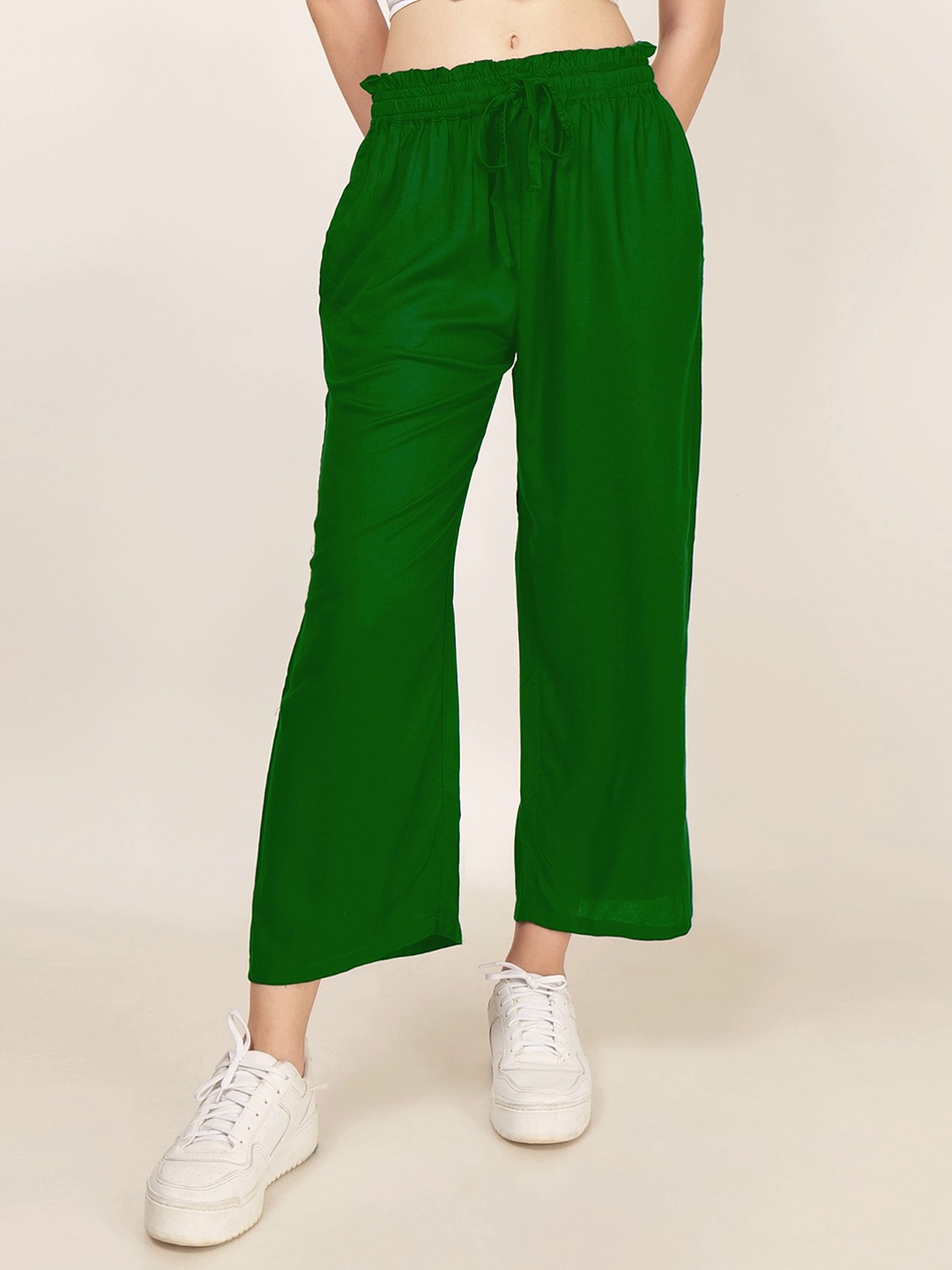 

PATRORNA Women Smart Mid-Rise Plain Casual Parallel Trousers, Green