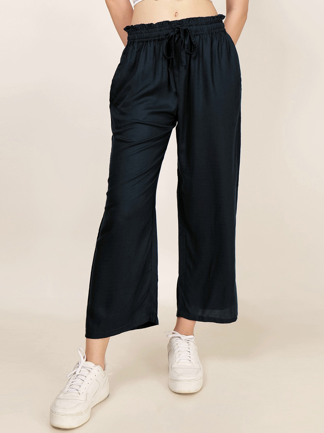 

PATRORNA Women Smart Mid-Rise Cotton Culotte Trouser, Black