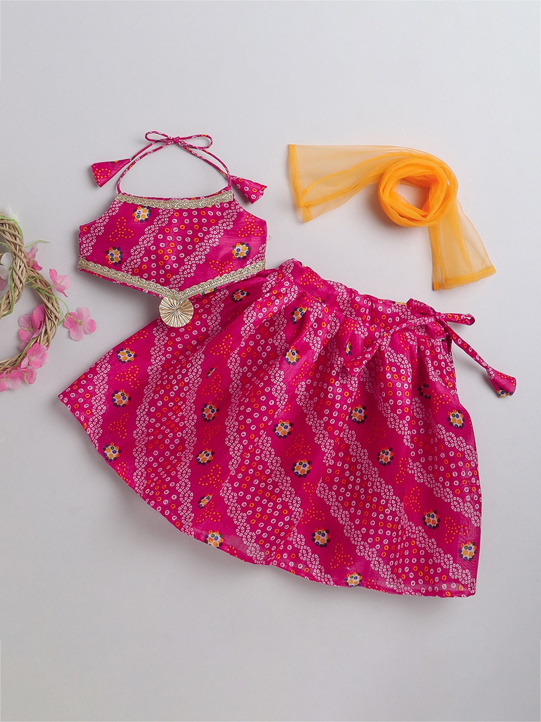 

MANY FROCKS & Girls Bandhani Printed Gotta Patti Ready to Wear Lehenga Blouse With Dupatta, Pink